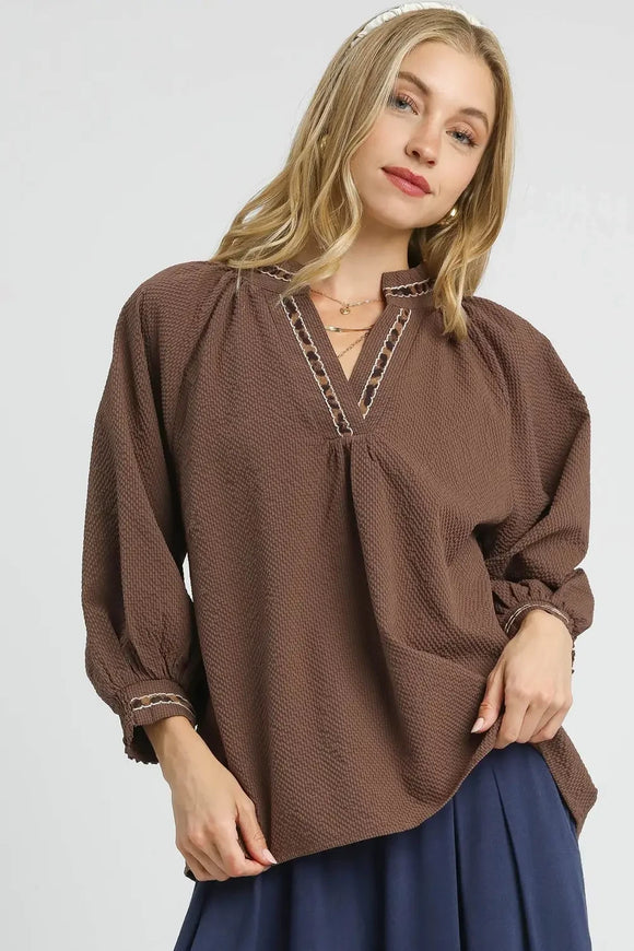 Leopard Trim V-Neck Top | Brown