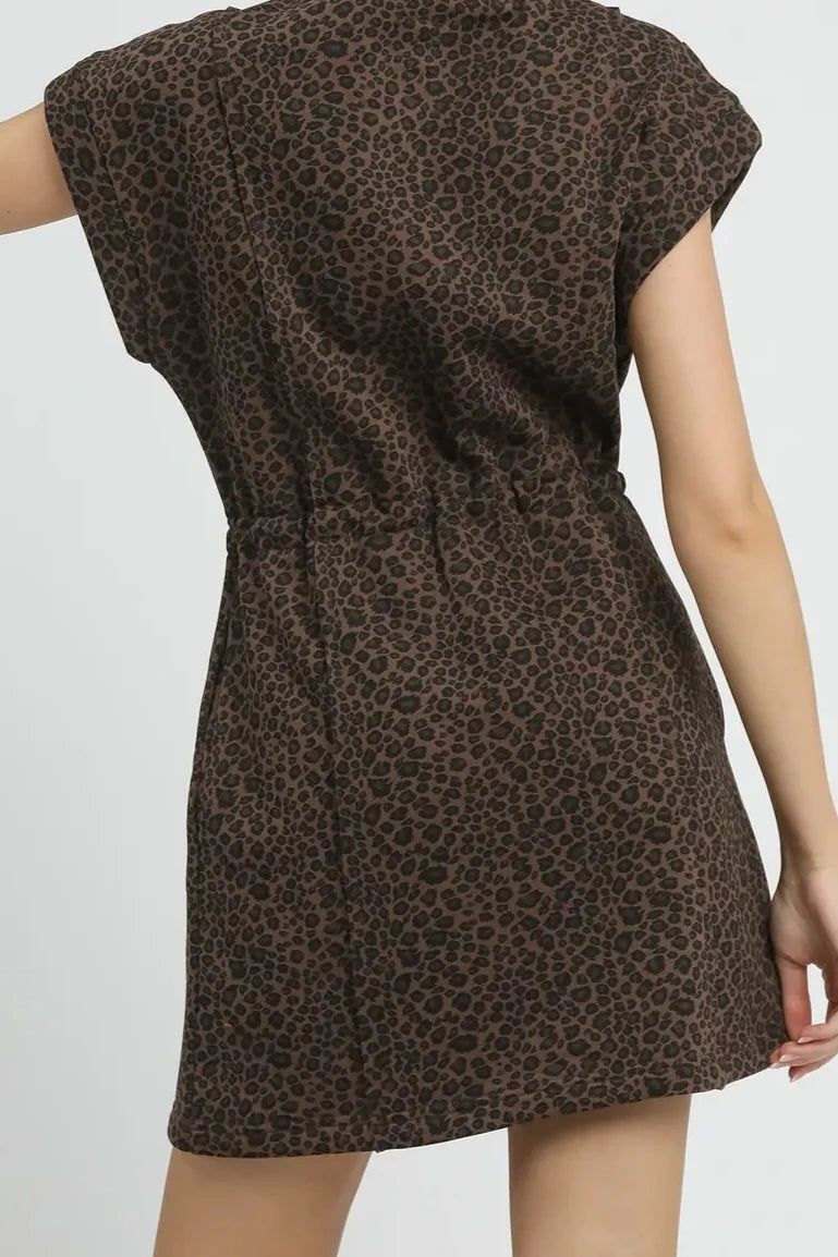 Leopard Knit Drawstring Waist Dress | Brown
