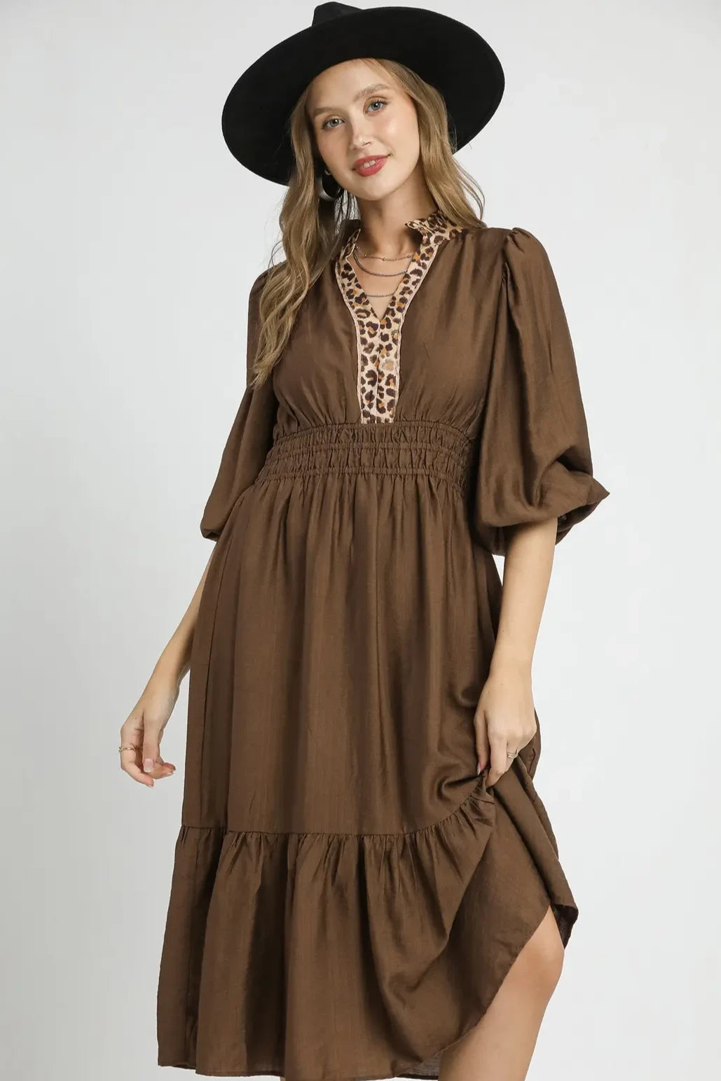 Leopard Trim Smocked Midi Dress | Brown