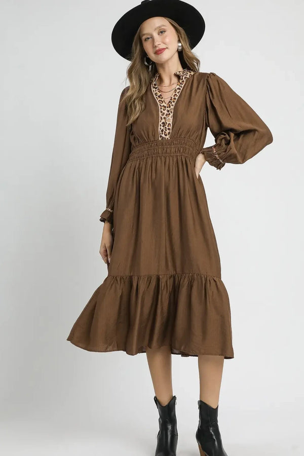 Leopard Trim Smocked Midi Dress | Brown