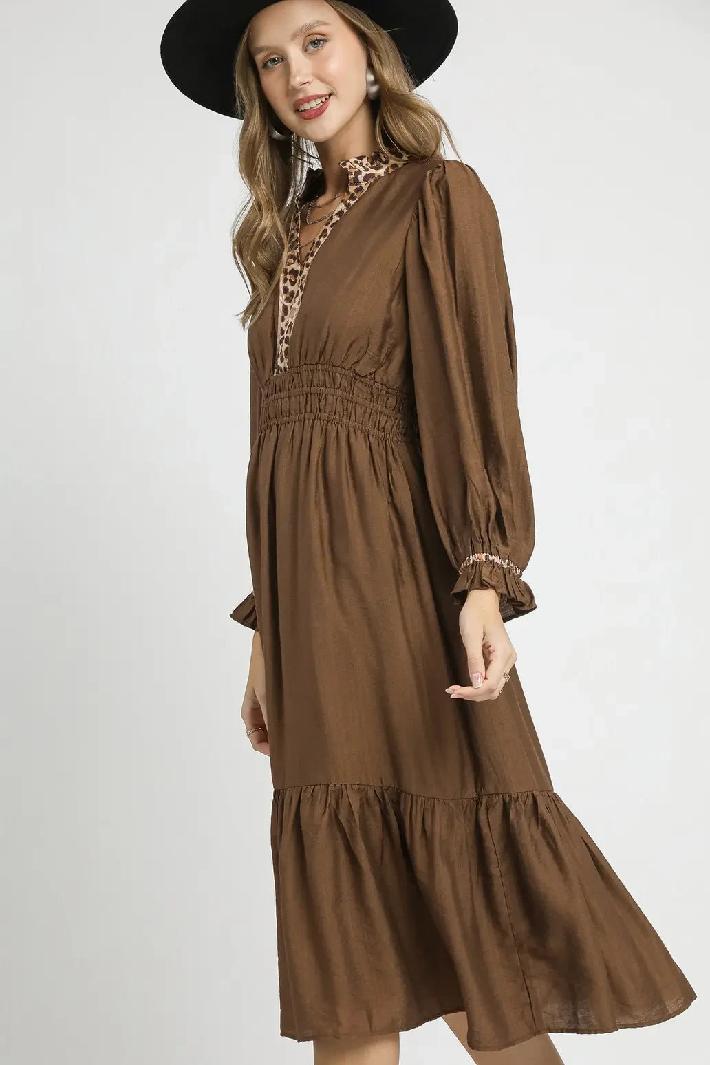 Leopard Trim Smocked Midi Dress | Brown