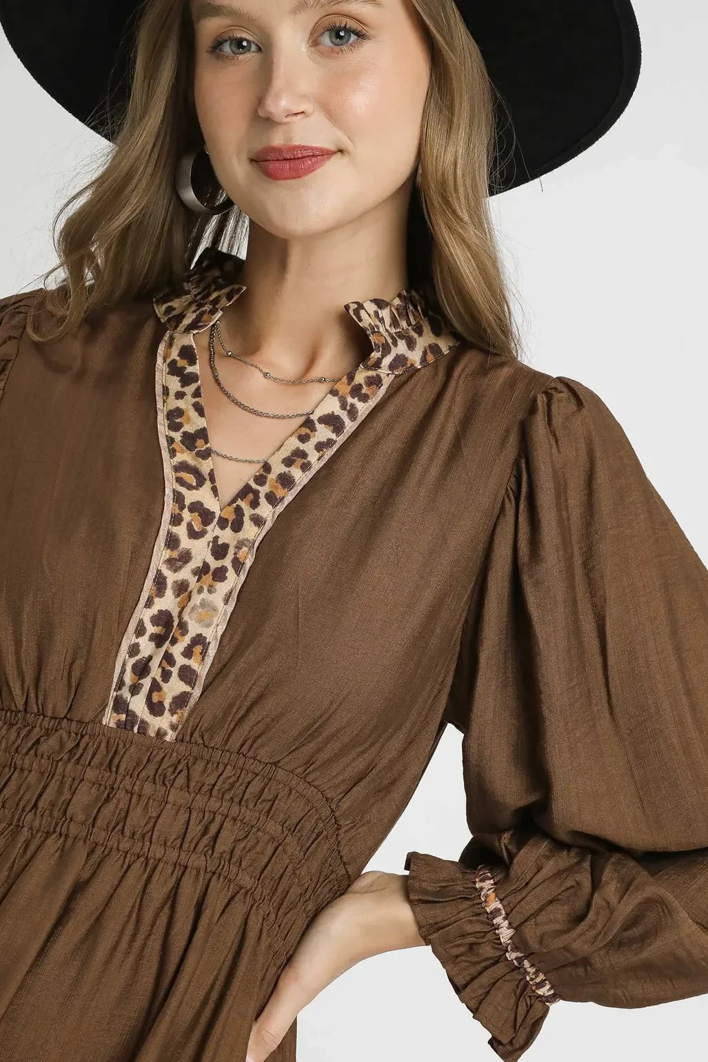 Leopard Trim Smocked Midi Dress | Brown