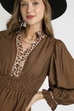 Leopard Trim Smocked Midi Dress | Brown