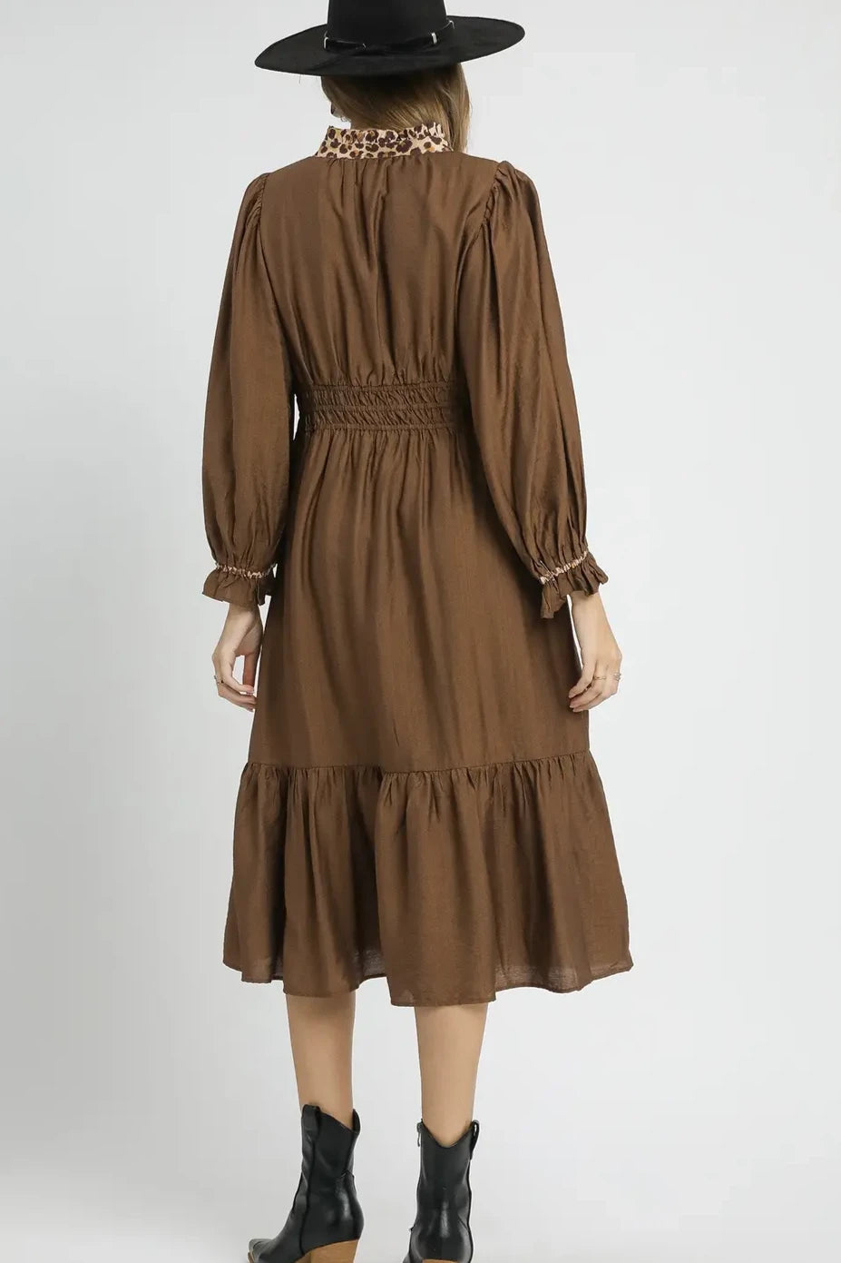 Leopard Trim Smocked Midi Dress | Brown