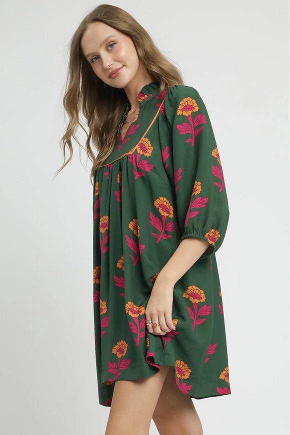 Floral Babydoll Tunic Dress | Green Mix