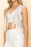Suede Rhinestone Fringe Vest | Natural