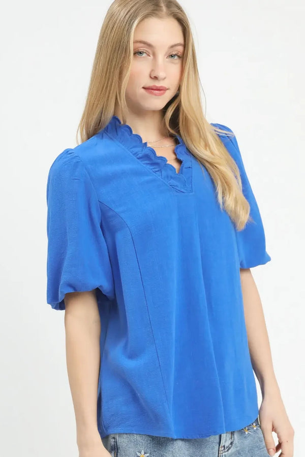 Linen Blend Scallop Detail Top | Blue
