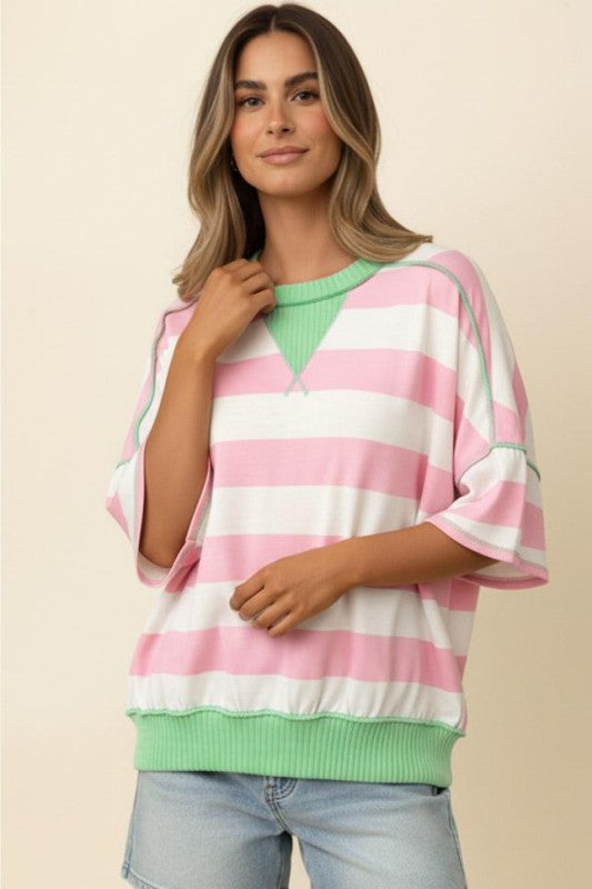 Flutter Elbow Sleeve Stripe Top | Pink/Green