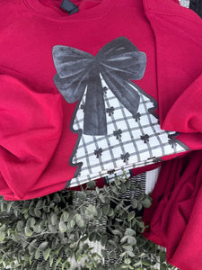 Christmas Tree Black White Bow Sweatshirt | Red