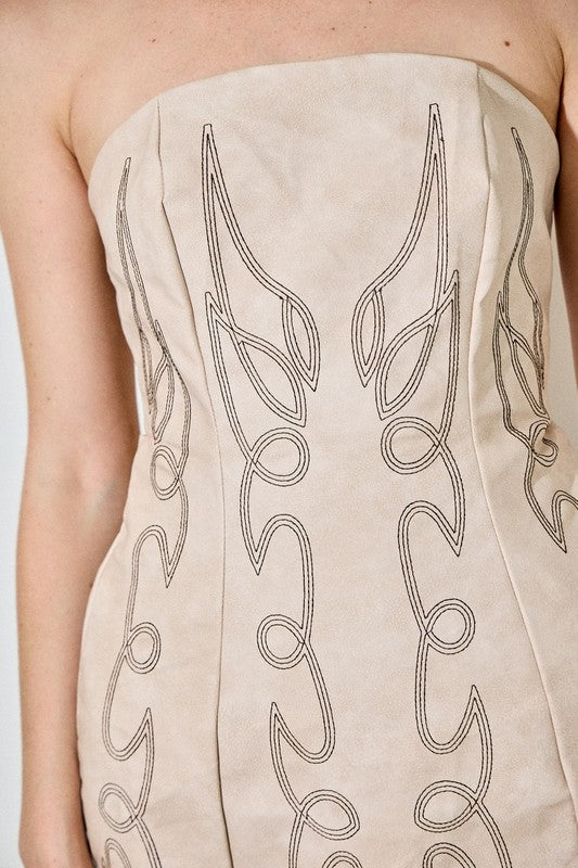 Western Strapless Lace Up Mini Dress | Beige