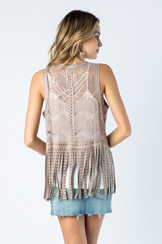 Lace Knit Studded Fringe Vest | Stone