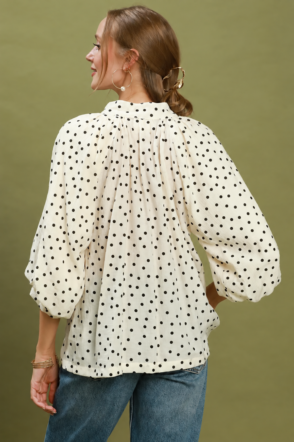 Textured Polka Dot 3/4 Puff Sleeve Top | Cream