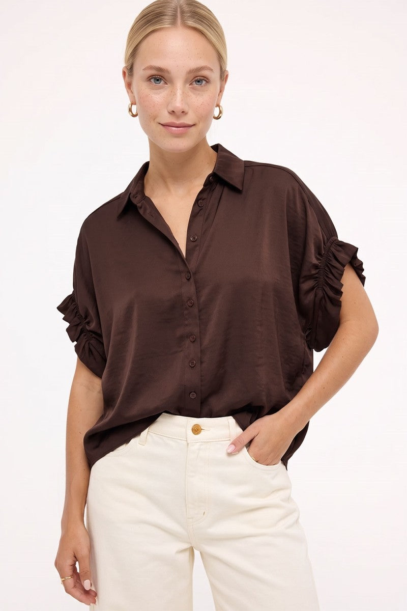 Satin Ruffle Sleeve Button Up Top | Chocolate