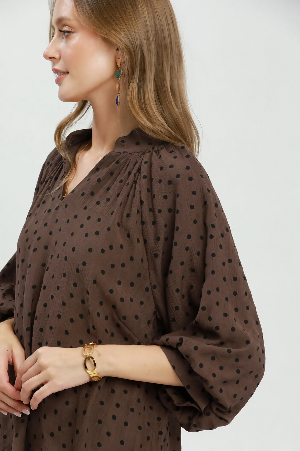 Textured Polka Dot 3/4 Puff Sleeve Top | Chocolate