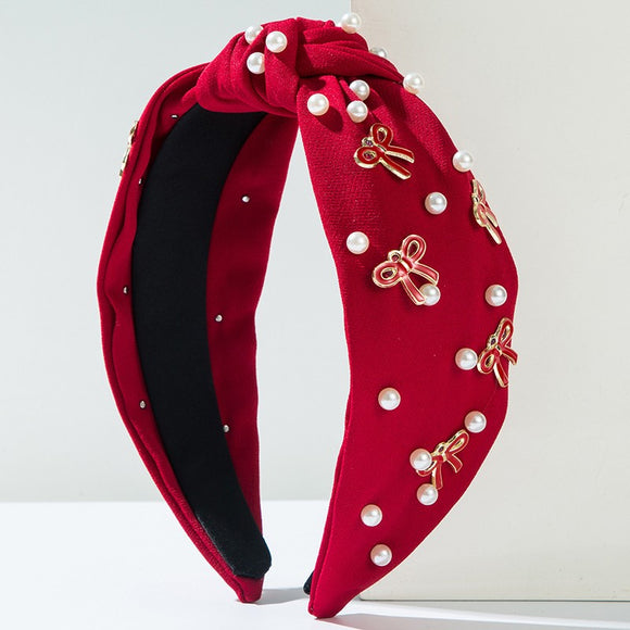 Pearl Accent Coquette Bow Headband | Red