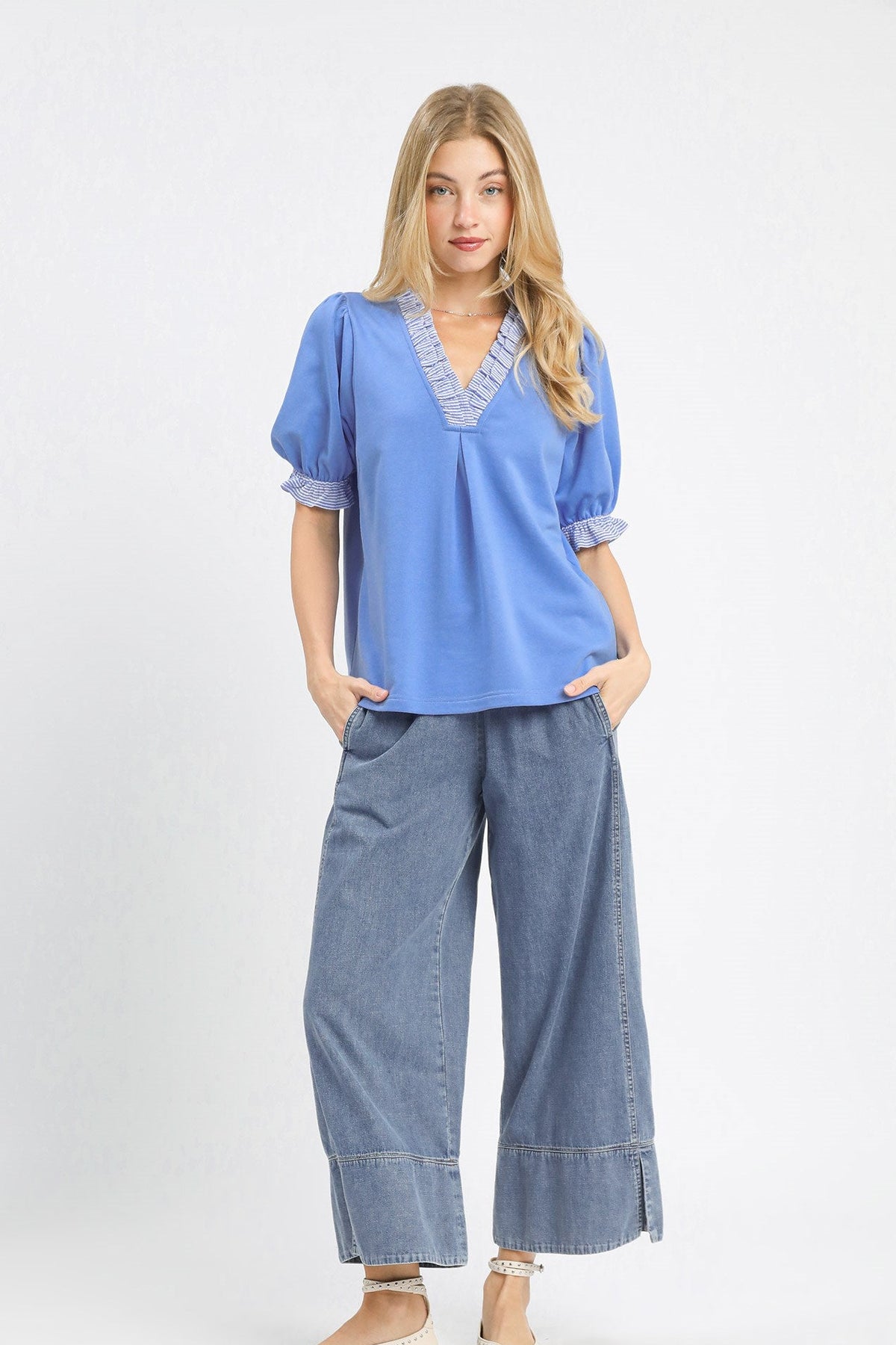 French Terry Ruffled Stripe Contrast Top | Blue