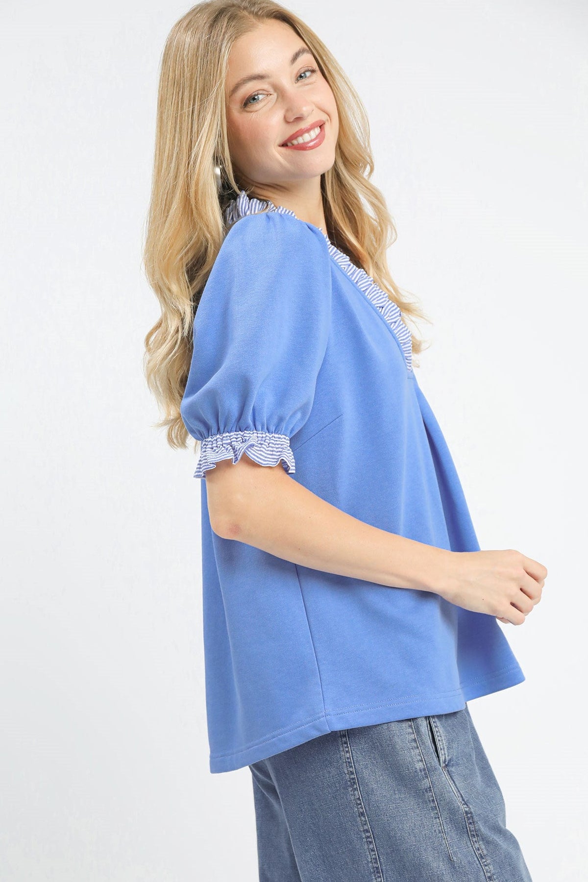 French Terry Ruffled Stripe Contrast Top | Blue