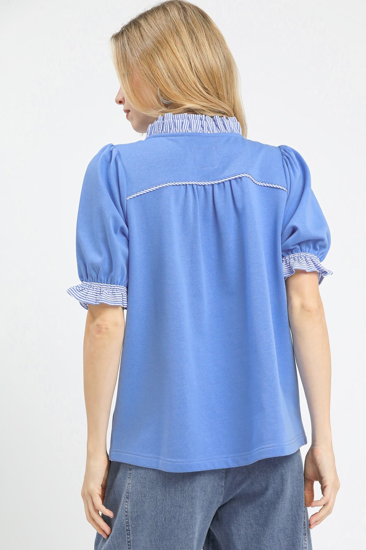 French Terry Ruffled Stripe Contrast Top | Blue