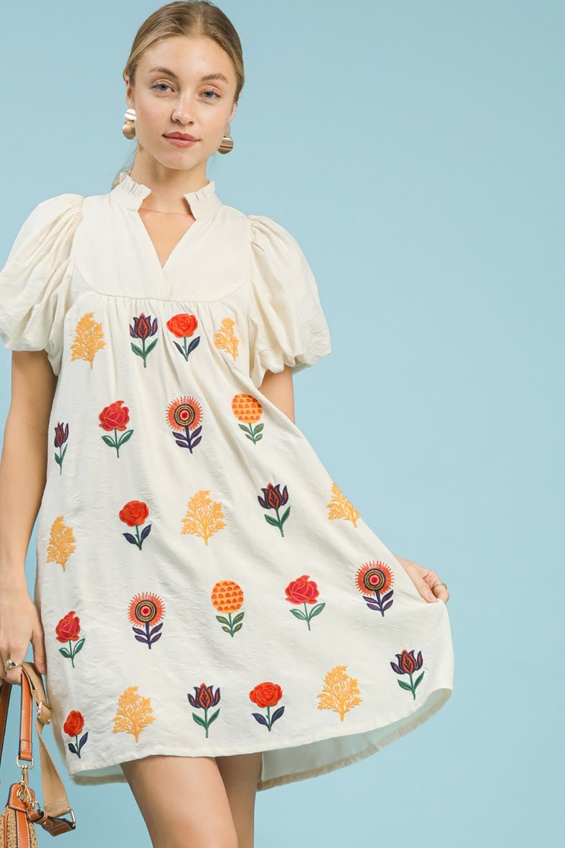 Embroidered Puff Sleeve Dress | Cream
