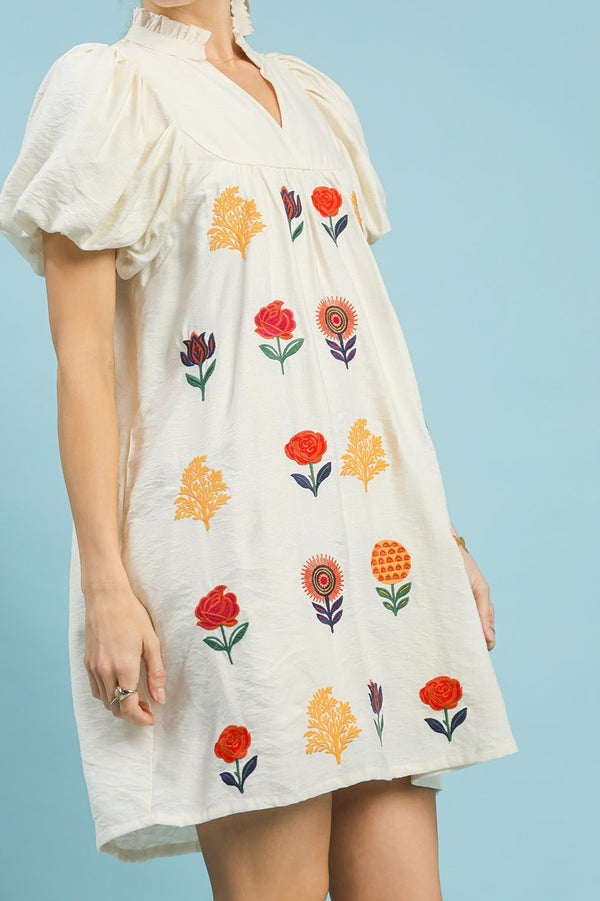 Embroidered Puff Sleeve Dress | Cream