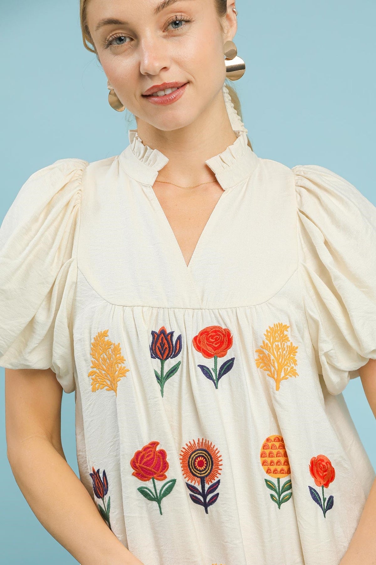 Embroidered Puff Sleeve Dress | Cream