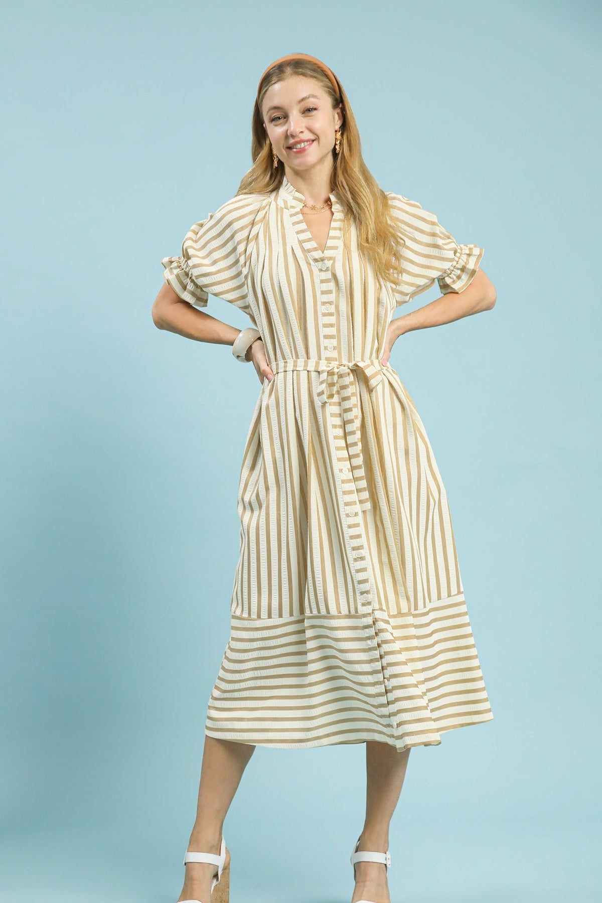 Open Collar Puff Sleeve Midi Dress | Latte