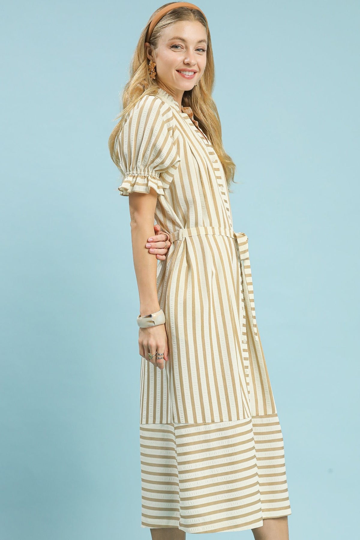 Open Collar Puff Sleeve Midi Dress | Latte