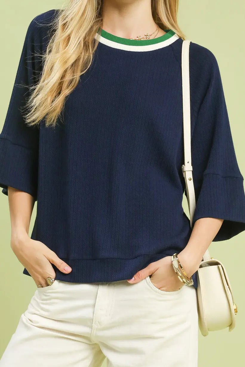 Ribbed Contrast Trim Knit Top | Navy