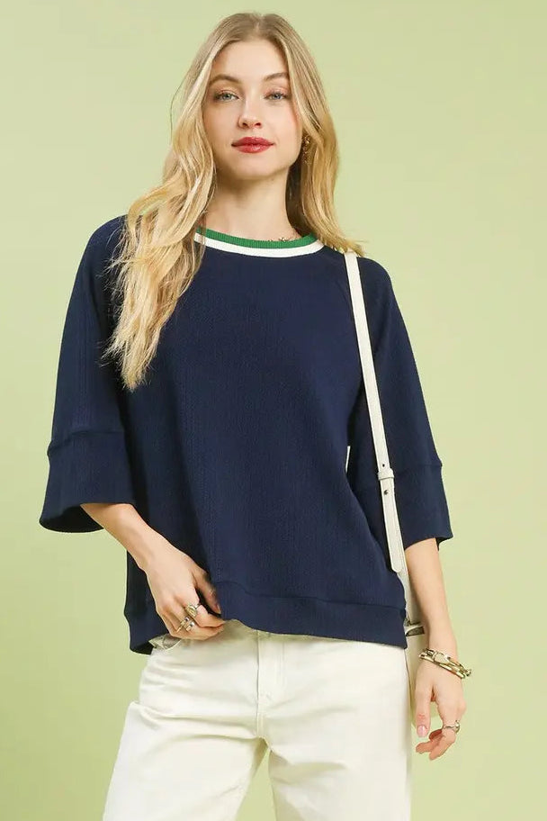Ribbed Contrast Trim Knit Top | Navy