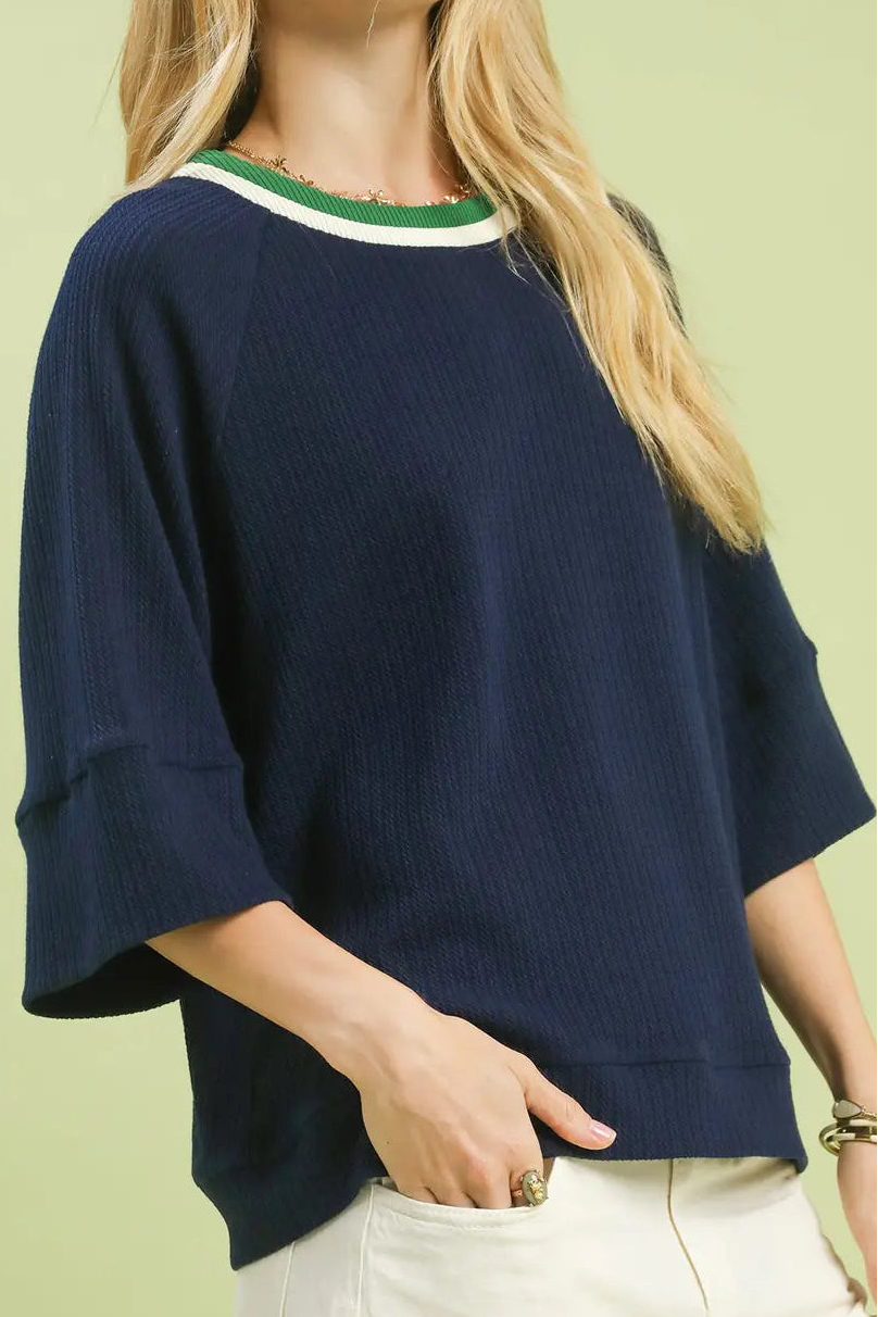 Ribbed Contrast Trim Knit Top | Navy