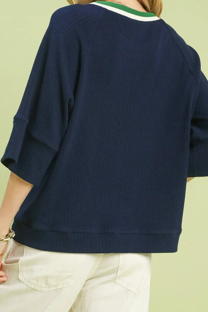 Ribbed Contrast Trim Knit Top | Navy