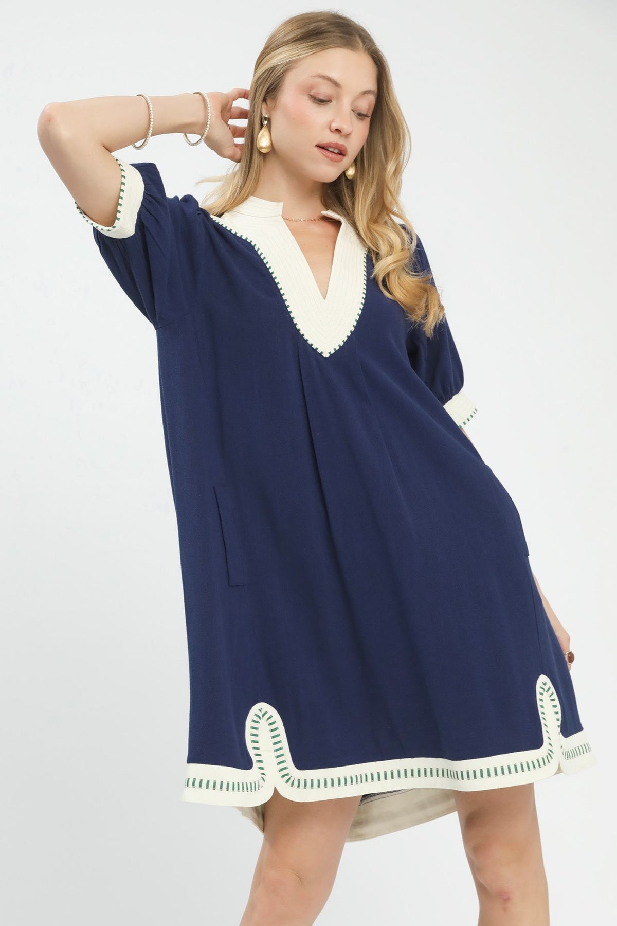 Mandarin Collared Linen Shift Dress | Navy