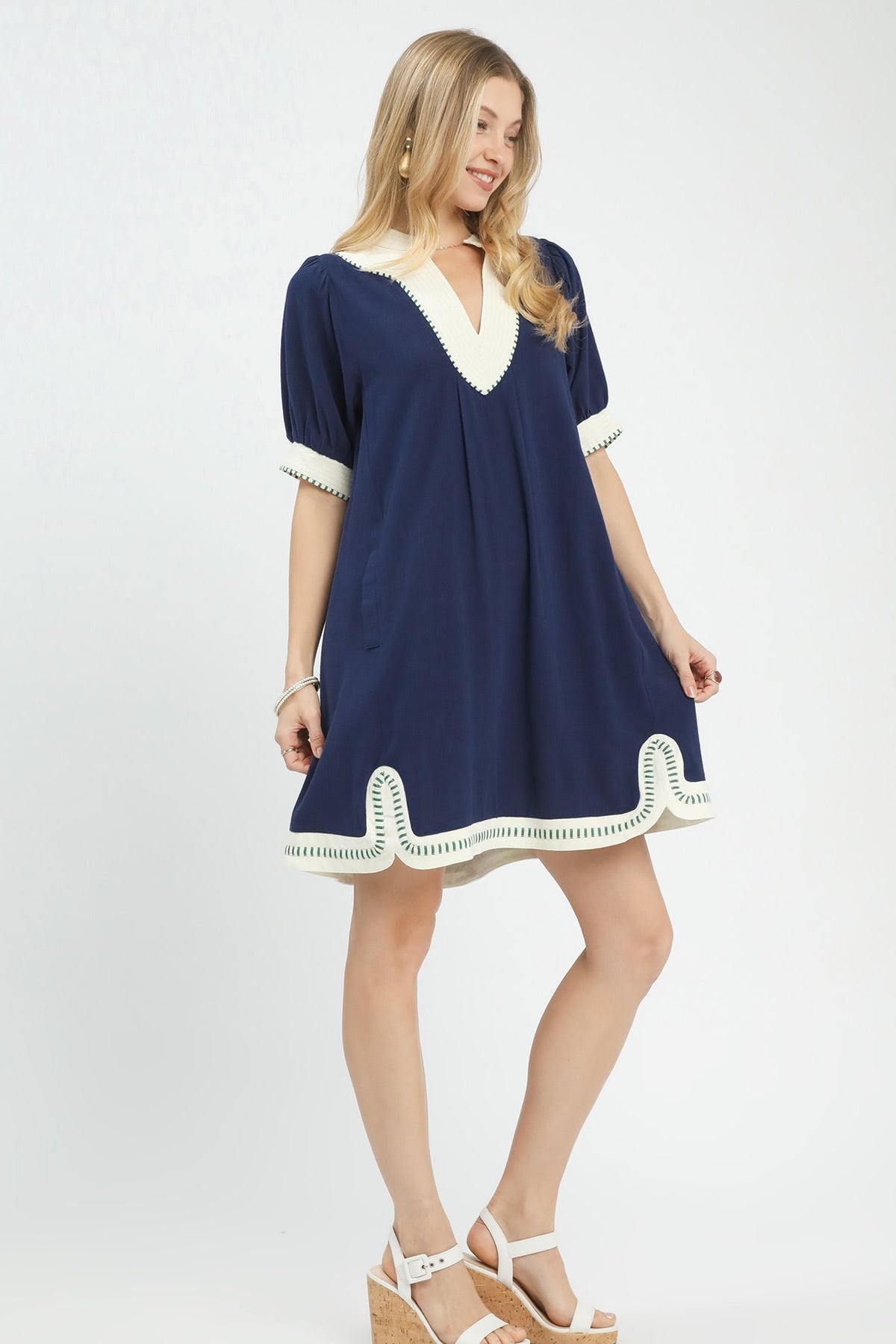 Mandarin Collared Linen Shift Dress | Navy
