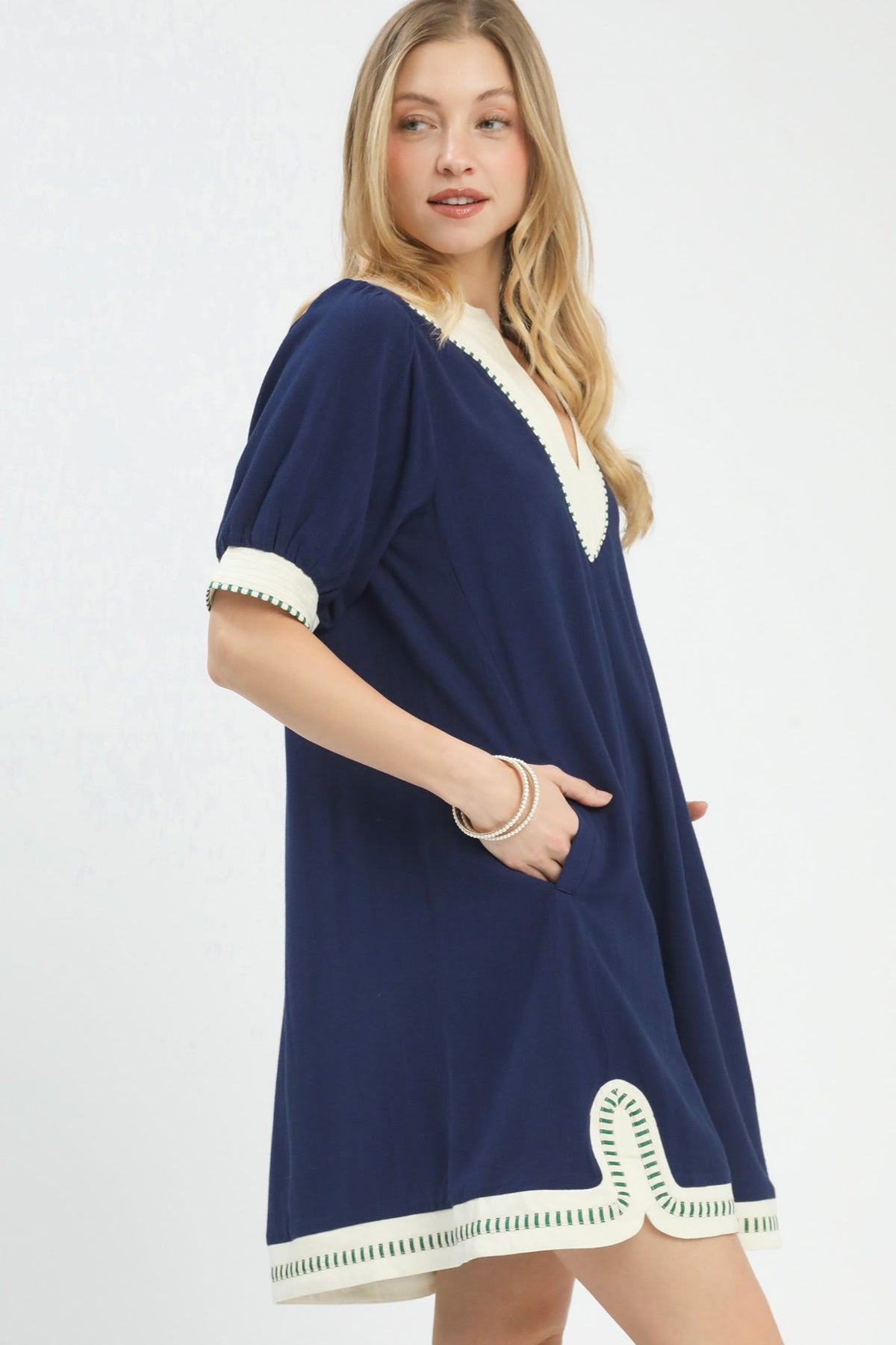 Mandarin Collared Linen Shift Dress | Navy