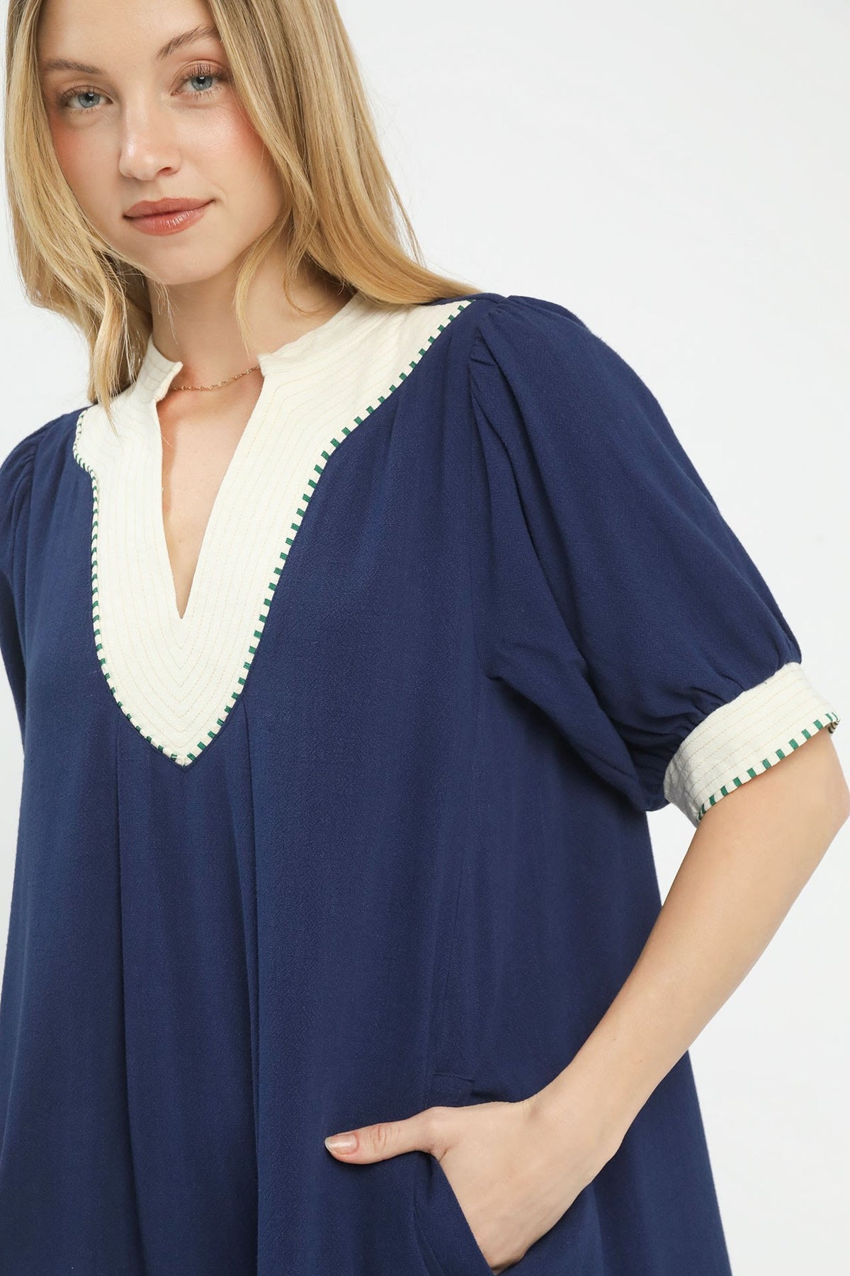 Mandarin Collared Linen Shift Dress | Navy