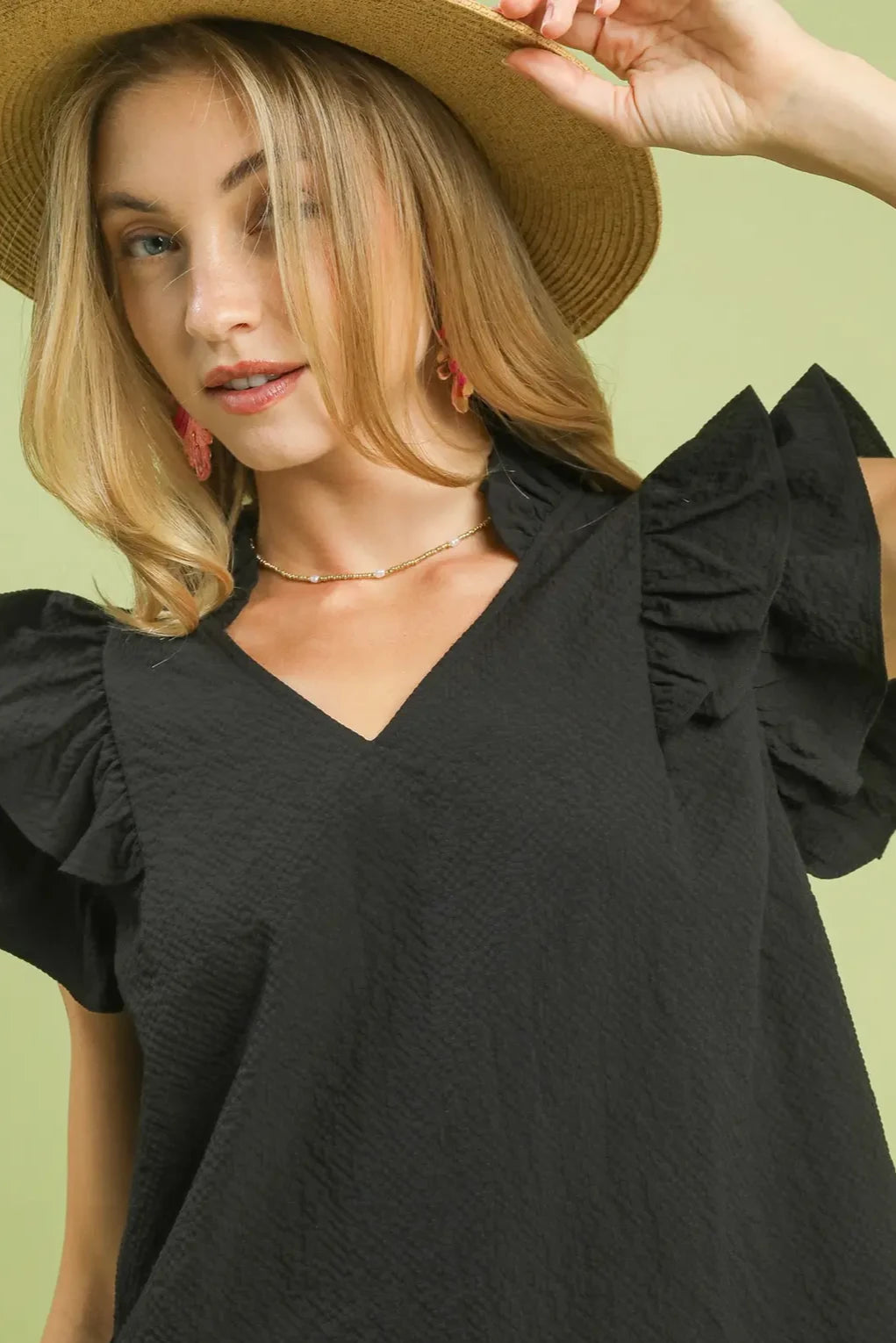 Textured Ruffle Sleeve V-Neck Top | Black