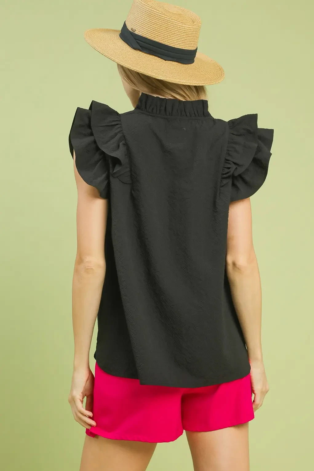 Textured Ruffle Sleeve V-Neck Top | Black
