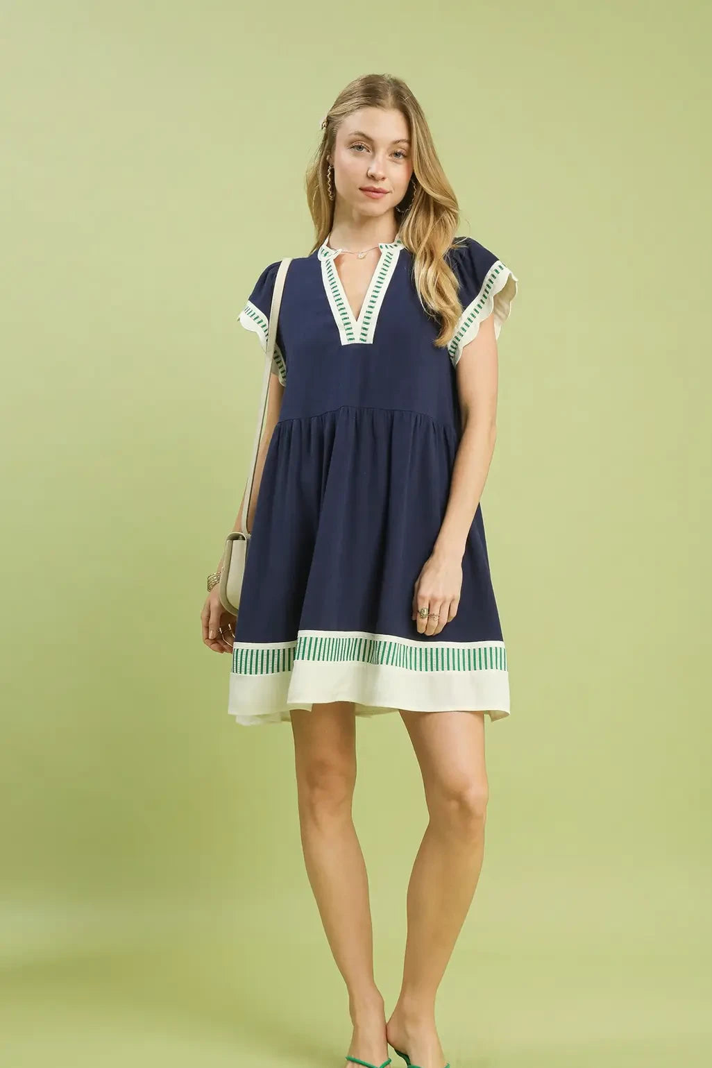 Linen Color Block Flutter Sleeve Dress | Navy