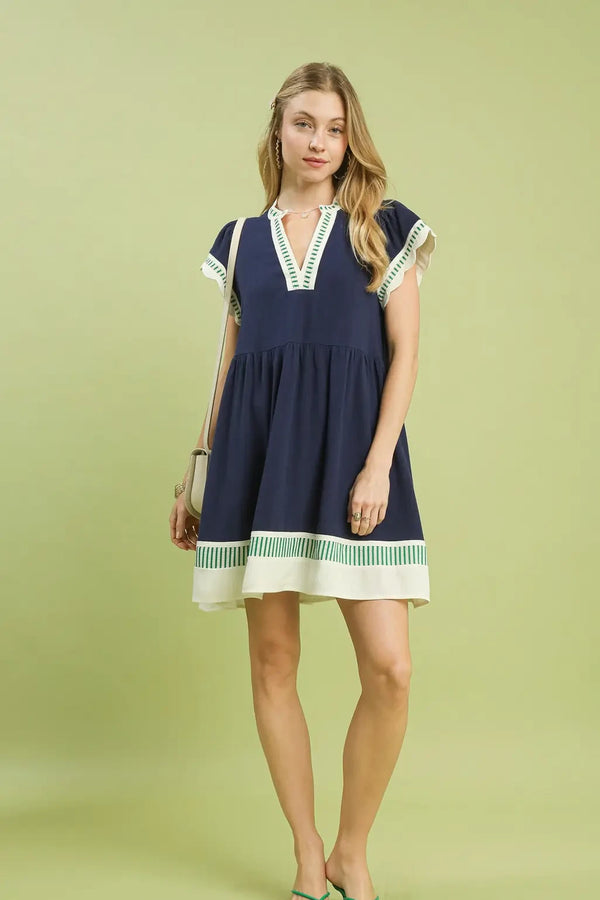 Linen Color Block Flutter Sleeve Dress | Navy