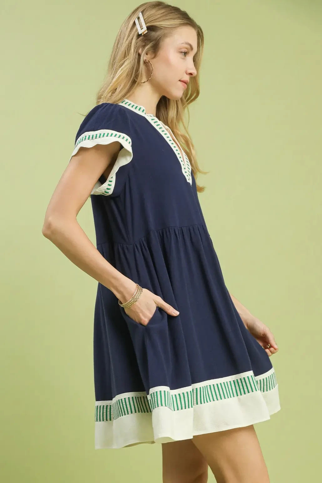 Linen Color Block Flutter Sleeve Dress | Navy