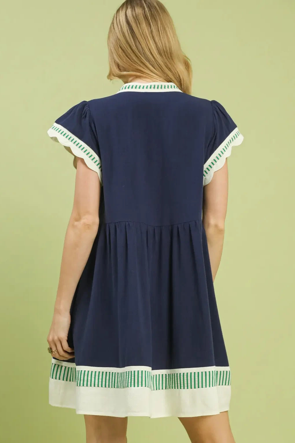 Linen Color Block Flutter Sleeve Dress | Navy