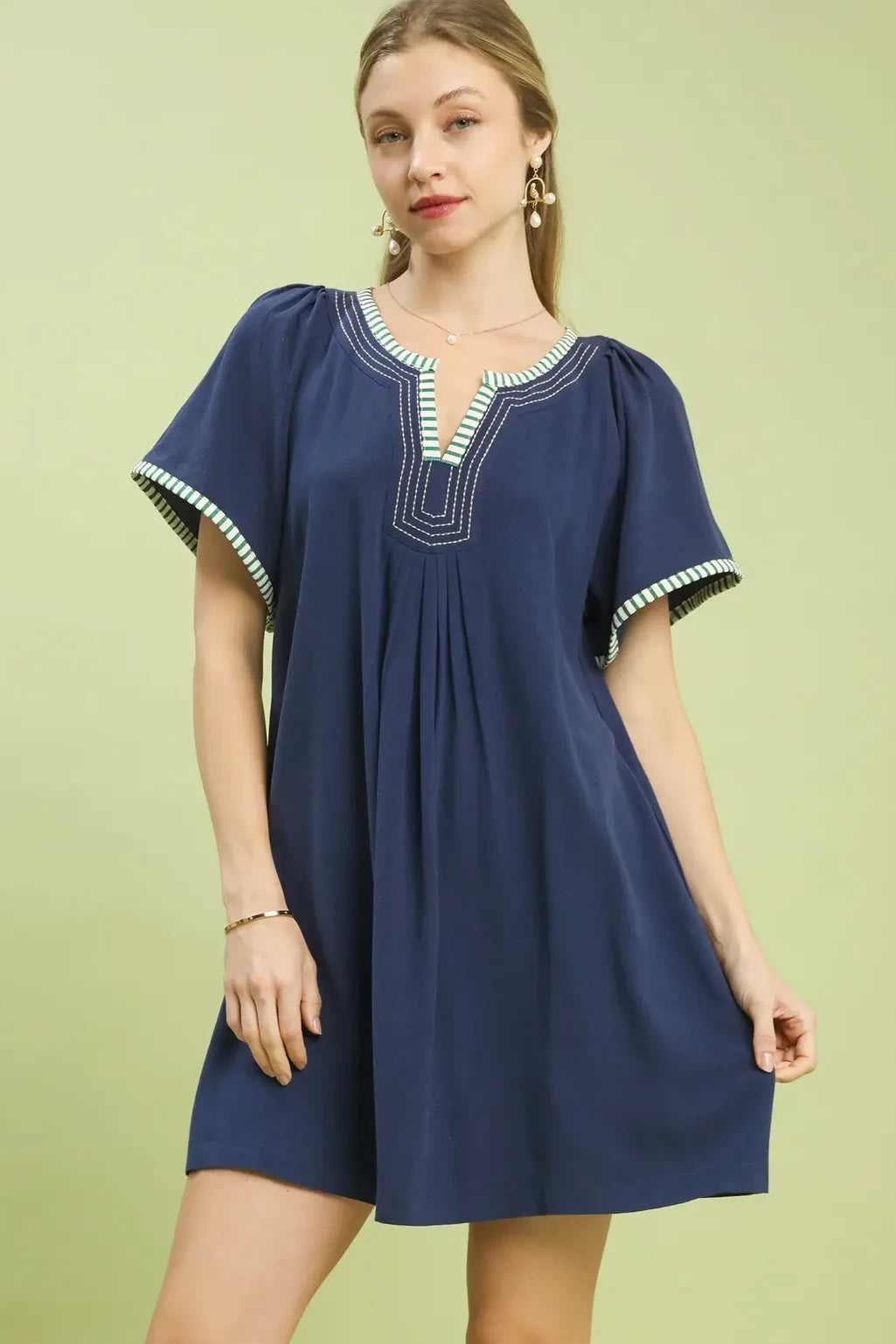 Linen Tunic Stripe Trim Dress | Navy