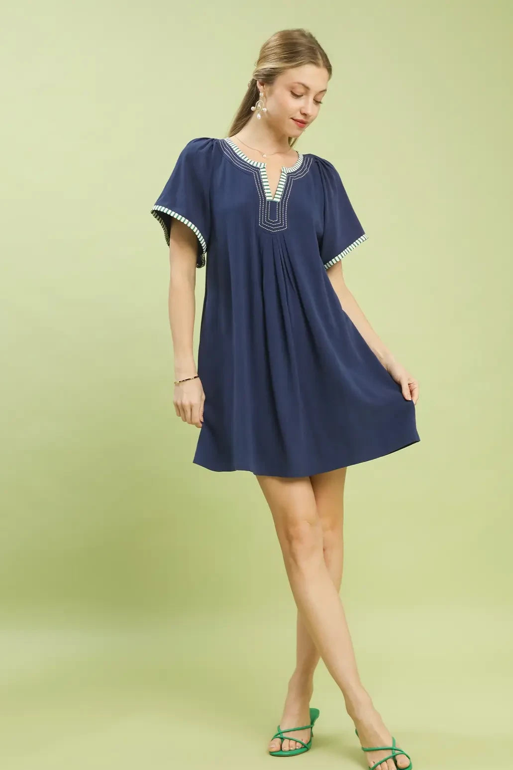 Linen Tunic Stripe Trim Dress | Navy