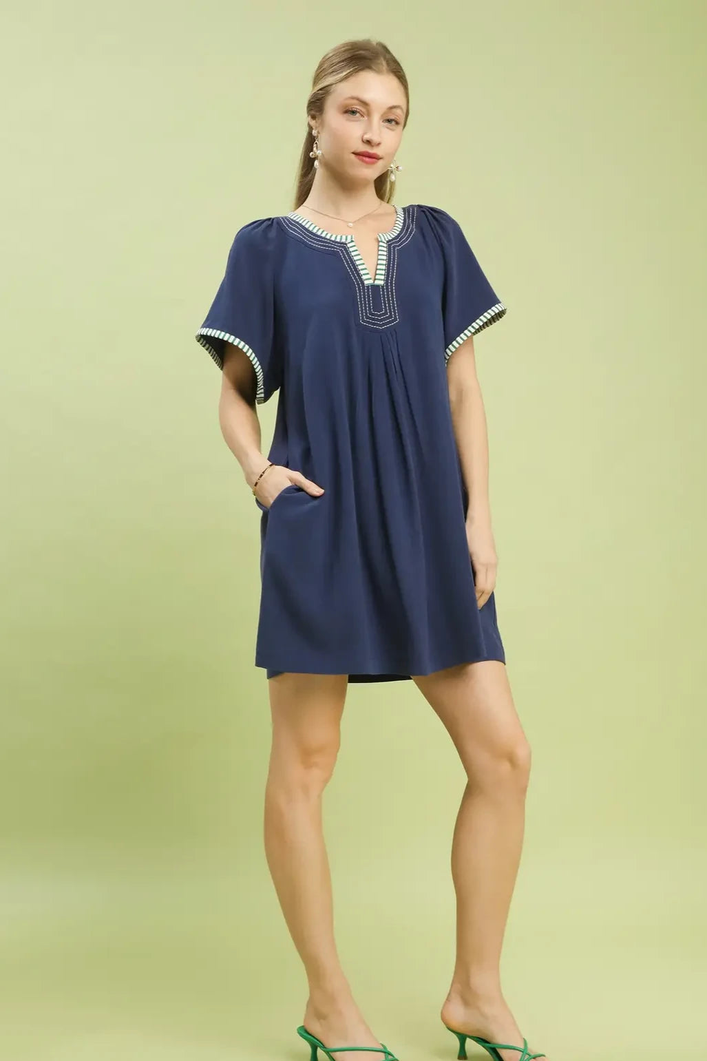 Linen Tunic Stripe Trim Dress | Navy