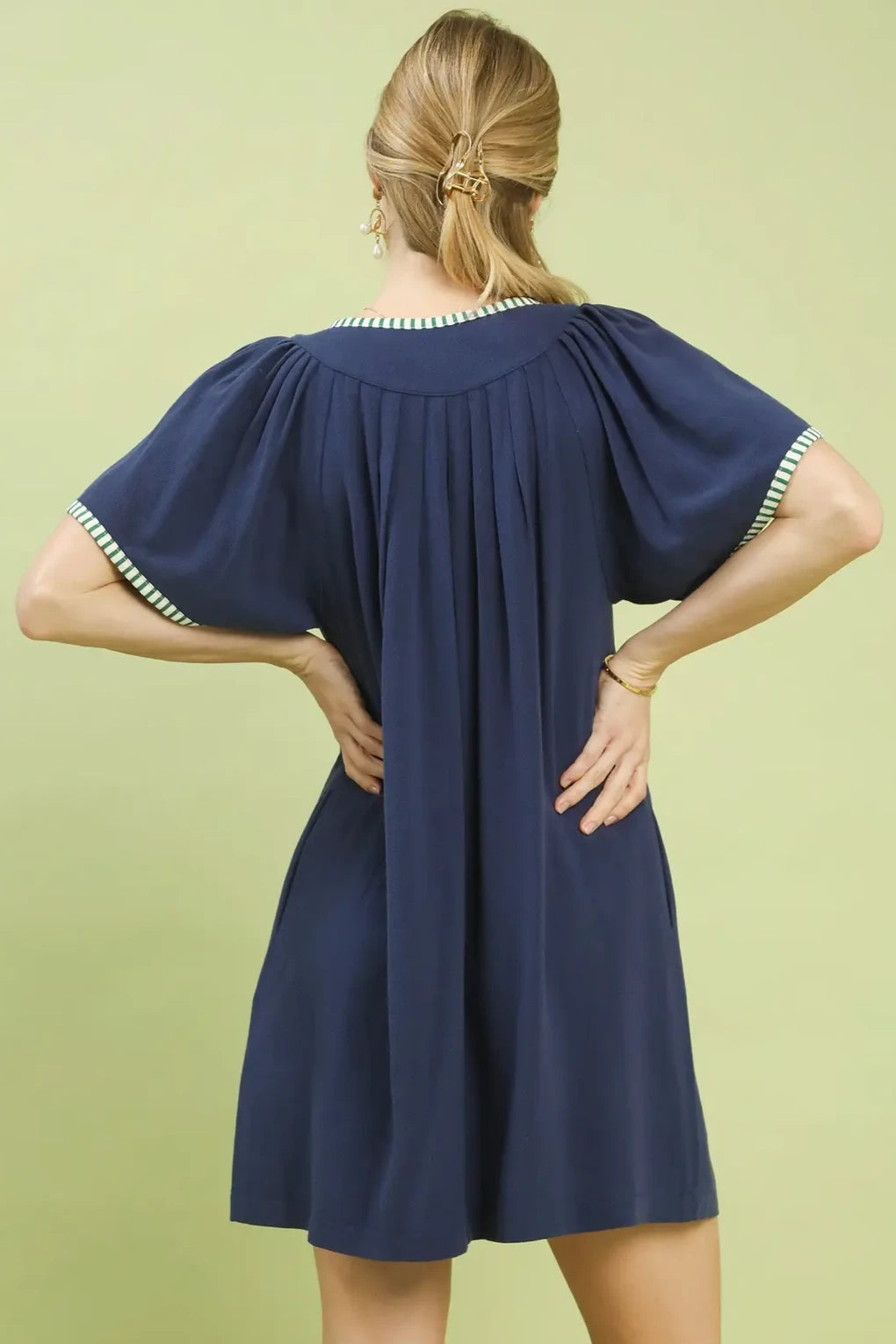 Linen Tunic Stripe Trim Dress | Navy
