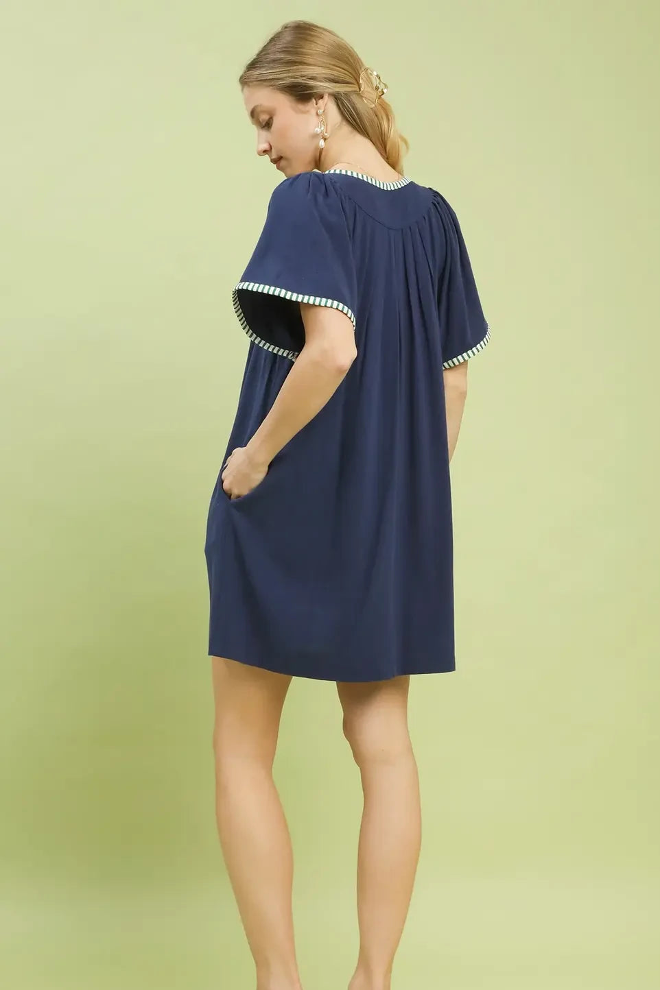 Linen Tunic Stripe Trim Dress | Navy