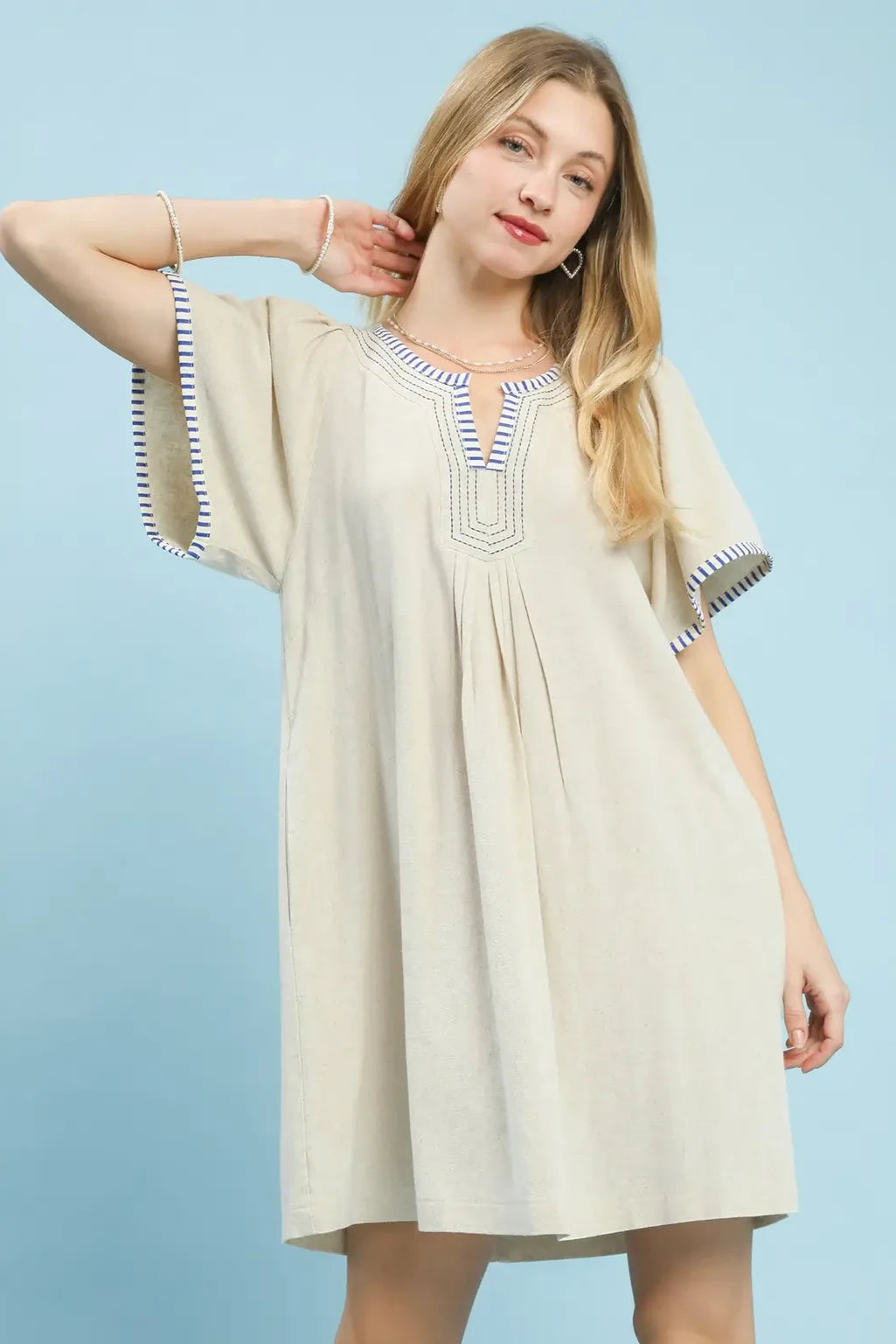 Linen Tunic Stripe Trim Dress | Oatmeal