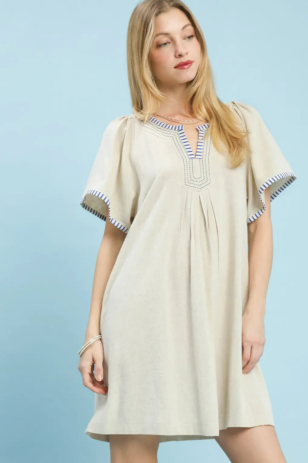 Linen Tunic Stripe Trim Dress | Oatmeal