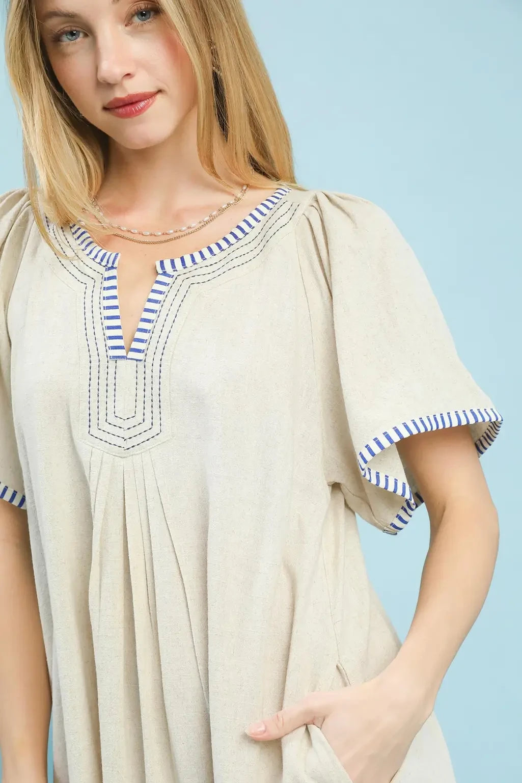 Linen Tunic Stripe Trim Dress | Oatmeal