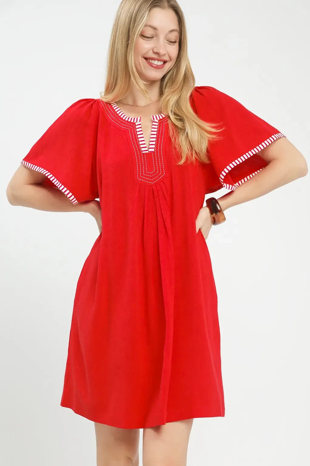 Linen Tunic Stripe Trim Dress | Red